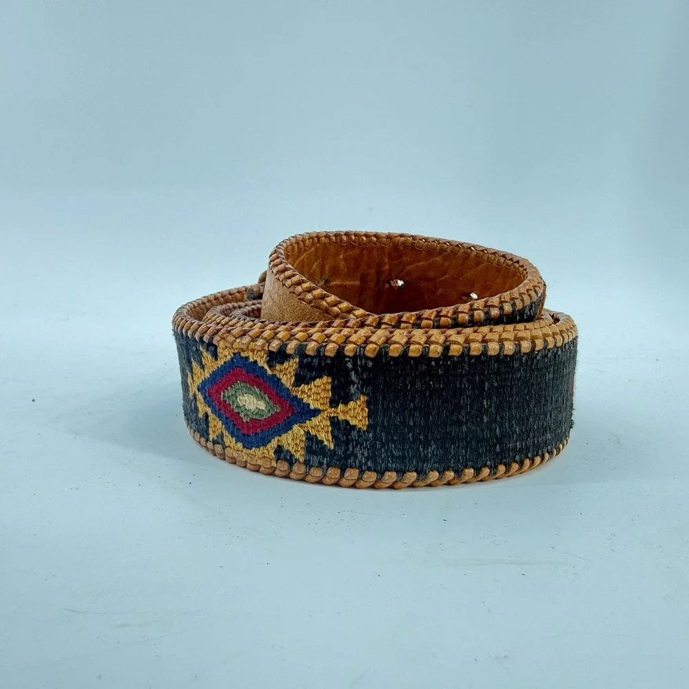 Vintage Southwestern‎ Woven Leather Belt Unisex SZ 40 Brown Black Geometric Boho
